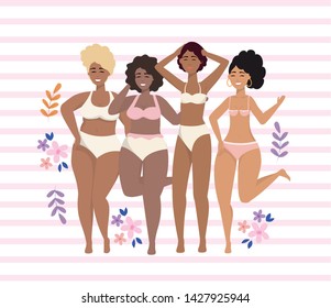 cute girls wearing underclothes with flowers and plants