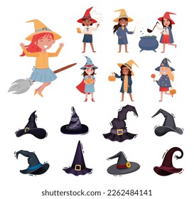 Cute girls in witch costumes set. Witch, magician and wizard hats. Halloween holiday, carnival symbols cartoon vector illustration