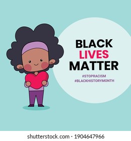 Cute Girls or Woman People holding a heart with the words Black Lives Matter written on it. Black History Month Illustration Concept. Stop Racism Hand Drawn Cartoon Campaign. Vector.