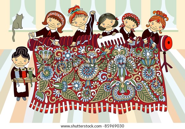 手織りの機織りをしているかわいい女の子 製造と手作りのテーマ 芸術的なベクターイラスト のベクター画像素材 ロイヤリティフリー
