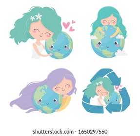 cute girls world recycle love hearts environment ecology vector illustration