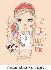 Cute Girl,smart Teen,vector Girl,spring Fever,boho Style,boho Girl With Feather, Fashion Girl And Woman