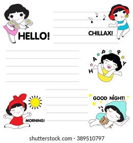 Cute Girls's Daily Life Expressions Character Paper Note illustration set