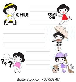 Cute Girls's Daily Life Expressions Character Paper Note illustration set
