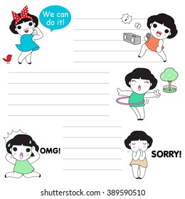 Cute Girls's Daily Life Expressions Character Paper Note illustration set