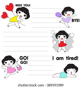 Cute Girls's Daily Life Expressions Character Paper Note illustration set