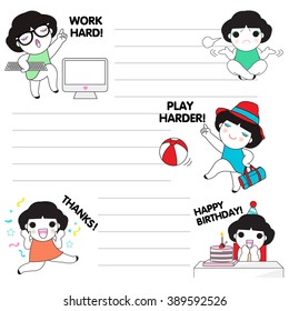 Cute Girls's Daily Life Expressions Character Paper Note illustration set
