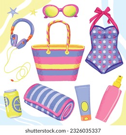 Un conjunto de lo más básico: traje de baño vintage, gafas de sol, protector solar, spray de bronceado, auriculares Bolsa de playa. Colección de verano con elementos de playa brillantes