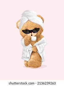 cute girly bear doll in bath robe and sunglasses vector illustration