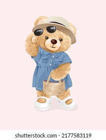 cute girly bear doll in denim dress vector illustration