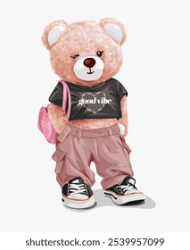 bonitinho urso feminino boneca gruge rock estilo vetor ilustração