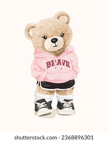 cute girly bear doll in pink hoodie graphic vector illustration