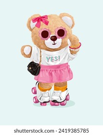 muñeca de oso lindo con estilo de moda rosa y patineta de rodillos ilustración vectorial dibujada a mano