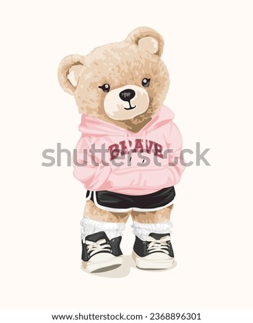cute girly bear doll in pink hoodie graphic vector illustration