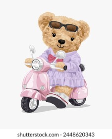 cute girly bear doll rinding pink scooter hand drawn vector illustration