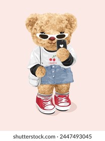 cute girly bear doll in sunglasses taking selfie hand drawn vector illustration