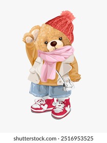 cute girly bear doll in sweater waving hand vector illustration