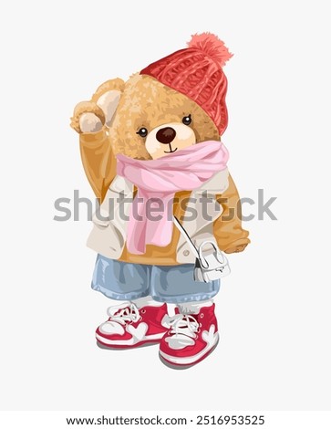 cute girly bear doll in sweater waving hand vector illustration