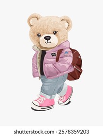 cute girly bear doll walking in pink bomber jacket vector illustration