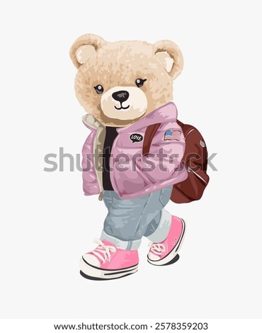 cute girly bear doll walking in pink bomber jacket vector illustration