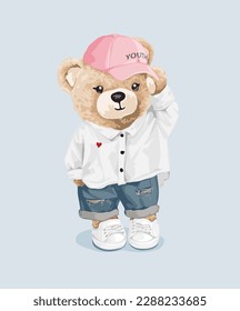 cute girly bear doll in white shirt and distressed jeans vector illustration