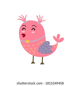 Cute girly bird with ponytails. Pink bird character in cartoon style. Graphic element isolated on white background. Vector illustration