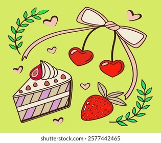  Cute girly bows, hearts, ribbons, cherry, cake, heart frame, strawberry. Vintage elegant vector illustration.