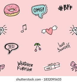 Cute girly cartoon drawing elements on pink seamless repeating pattern texture background design for textile graphics, fashion fabrics