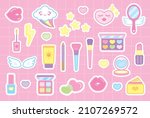 cute girly cosmetics and kawaii stuff graphic element sticker illustration vector on sweet pastel pink grid pattern background