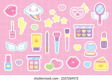 Cute Girly Cosmetics And Kawaii Stuff Graphic Element Sticker Illustration Vector On Sweet Pastel Pink Grid Pattern Background