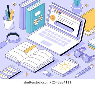 Cute girly desk with laptop, books, notes, stickers. Trendy retro isometry Y2K template for background, banner, poster. Isometric line vector illustration.