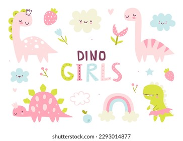 Cute girly dino set. Naive pink dinosaurs collection for baby girls. Abstract vector dino girls.	