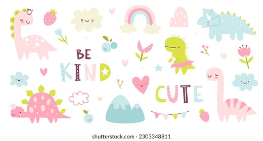 Cute girly dino set. Naive pink dinosaurs collection for baby girls. Abstract vector dino girls sticker bundle.