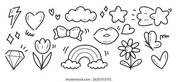 cute girly element graphic vector set in hand drawn doodle style