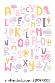 Cute girly english alphabet for kids with naive doodle pictures. Abc learning cartoon poster for nursery wall.