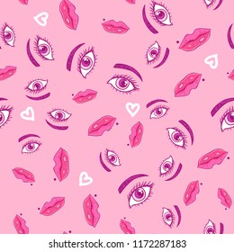 Cute Girly eyes and lips seamless pattern. Vector illustration isolated on pink background.