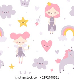 Cute girly fairytale pattern. Cartoon seamless vector print for baby textile and nursery.