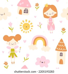 Cute girly fairytale pattern. Cartoon seamless vector fantasy print for baby textile and nursery.