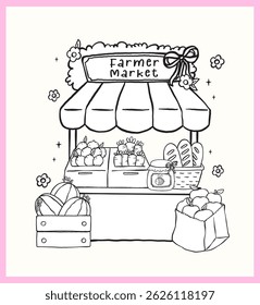 Cute Girly Farmer Market Outline Stand Sell Fruit, Veggies Produce Coloring Page Doodle Hand Drawn