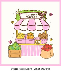 Cute Girly Farmer Market Stand Sell Fruit, Veggies Produce Doodle Hand Drawn