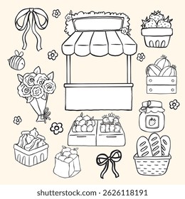 Cute Girly Farmers Market Stand and Fruit, Veggies, Floral Produce Doodle Outline Hand Drawn Coloring Image Set
