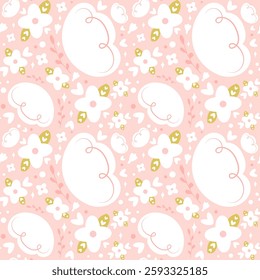Cute girly floral seamless pattern. Vector seamless pattern with flowers, leaves, hearts, abstract shapes on pink background. Girly print. Perfect for wallpaper, nursery, wrapping paper and so on