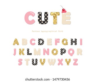 Cute Girly Font. Pastel Pink, Polka Dot And Glitter Texture. Decorative Alphabet For Birthday, Baby Shower, Notebook Cover. Vector Illustration.