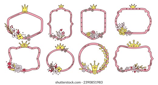 Cute girly frames. Princess decorations with royal crowns and flowers. Love heart. Birthday party. Blooming plants bouquet. Fairytale border shapes. Pink sweet design