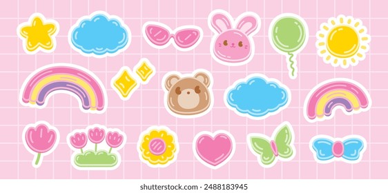 cute girly hand drawn kawaii graphic element with white outline vector set