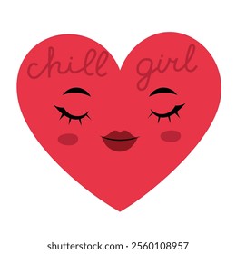 Cute girly heart with cute face, being cool and chill, enjoying the moment. Sticker or a badge. Hand drawn isolated vector illustration with editable stroke words