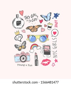 cute girly icons illustration and slogan for fashion print