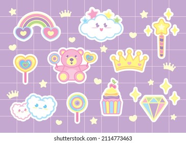Cute Girly Kawaii Graphic Elements On Pastel Grid Pattern Background