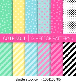 Cute Girly LOL Doll Style Vector Patterns. Pastel Pink, Blue, Mint Green, Yellow, Black and White Polka Dots, Stars and Stripes. Kids Birthday Party Decor. Repeating Pattern Tile Swatches Included.