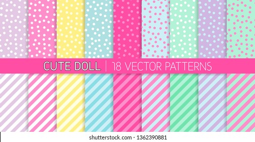 Cute Girly LOL Doll Style Vector Patterns. Random Polka Dots and Stripes in Pastel Pink, Blue, Lilac, Mint Green, Yellow and White. Kids Birthday Party Decor. Repeating Pattern Tile Swatches Included.
